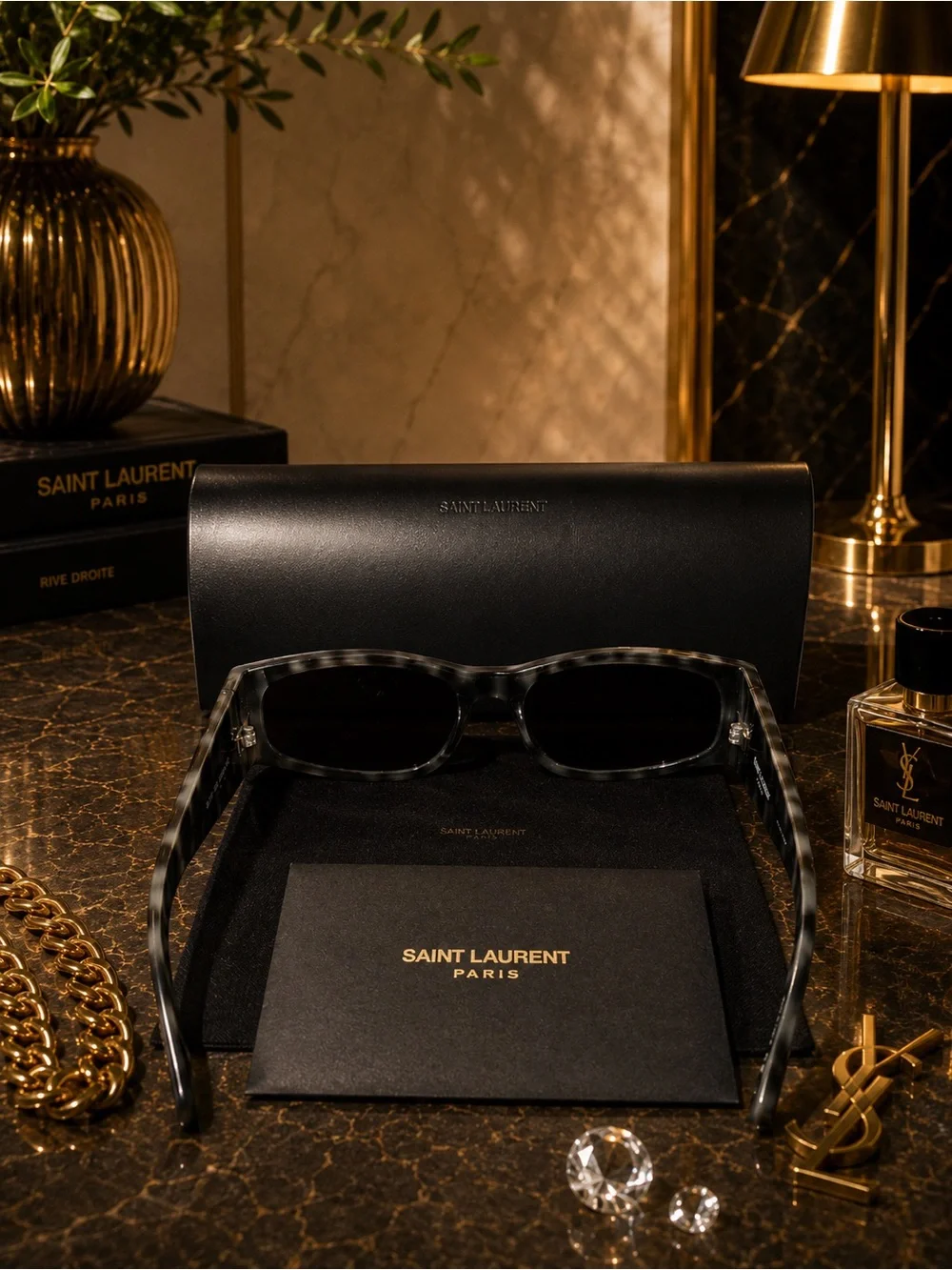Saint Laurent Tortoiseshell Rectangular Sunglasses in Brown/Black